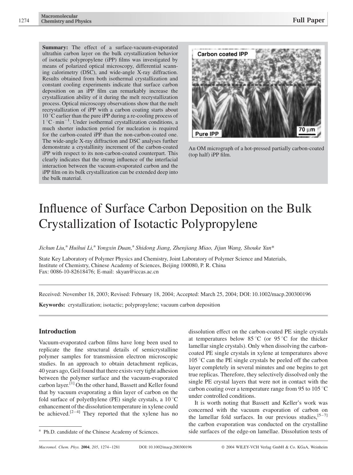 Influence of Surface Carbon Deposition on the Bulk Crystallization of Isotactic Polypropylene by unknow