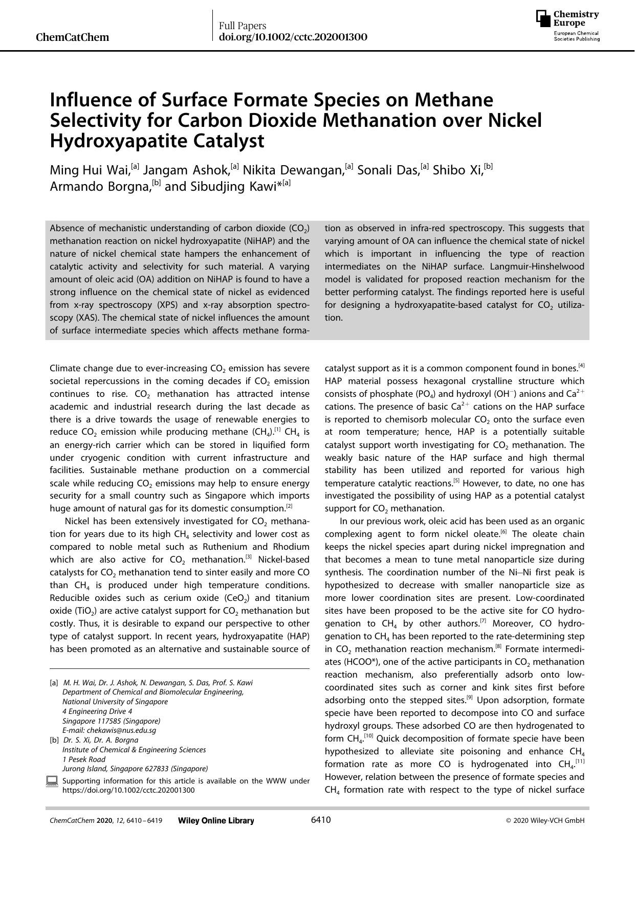 Influence of Surface Formate Species on Methane Selectivity for Carbon Dioxide Methanation over Nickel Hydroxyapatite Catalyst by Unknown