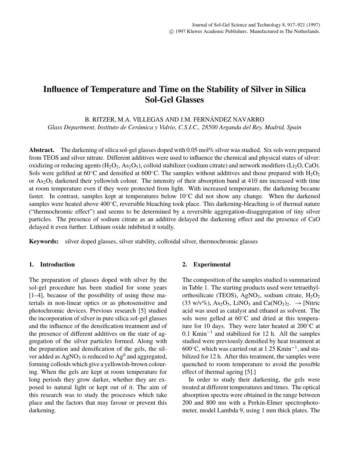 Influence of Temperature and Time on the Stability of Silver in Silica Sol-Gel Glasses by Unknown