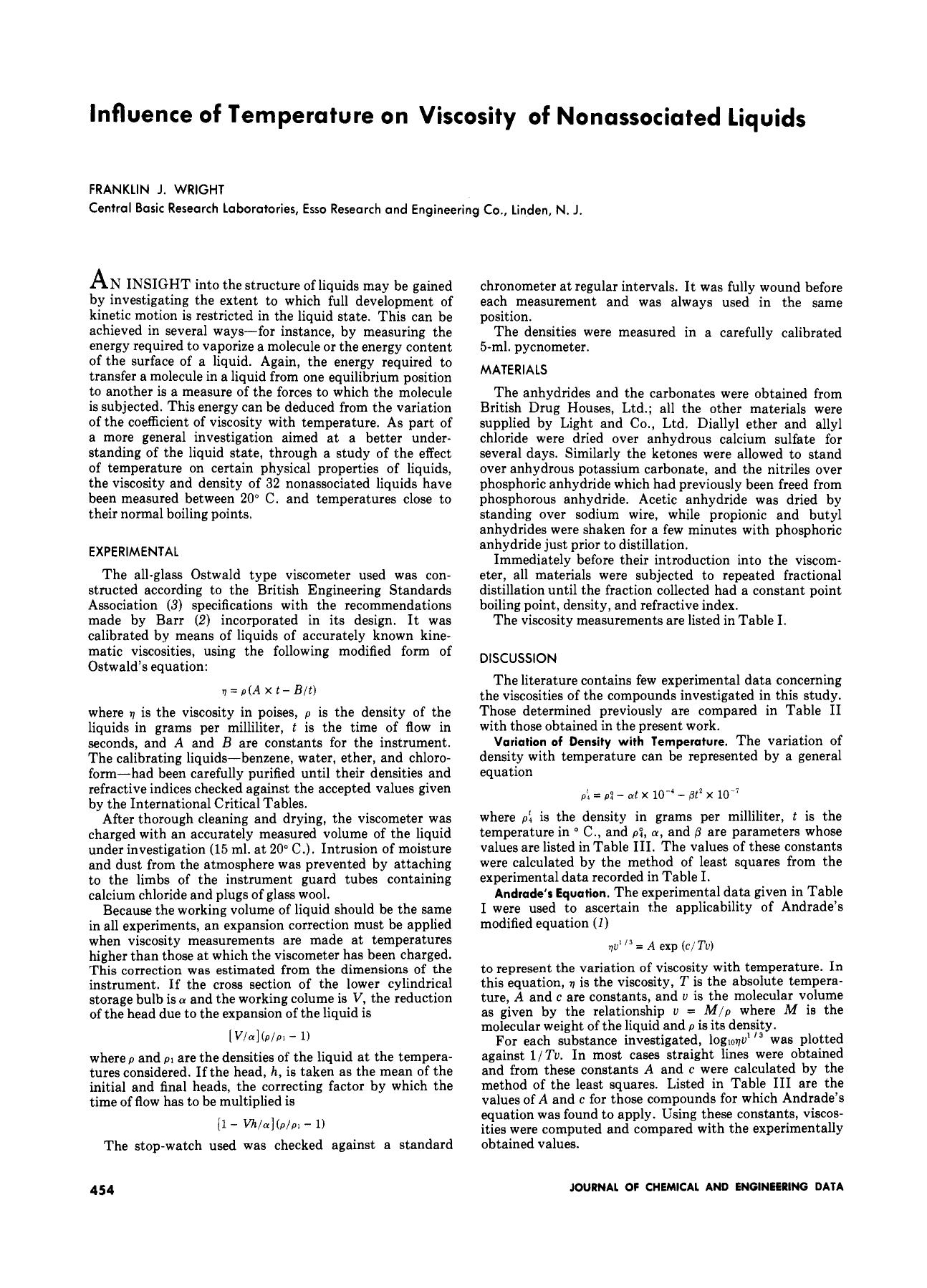 Influence of Temperature on Viscosity of Nonassociated Liquids by FRANKLIN J. WRIGHT