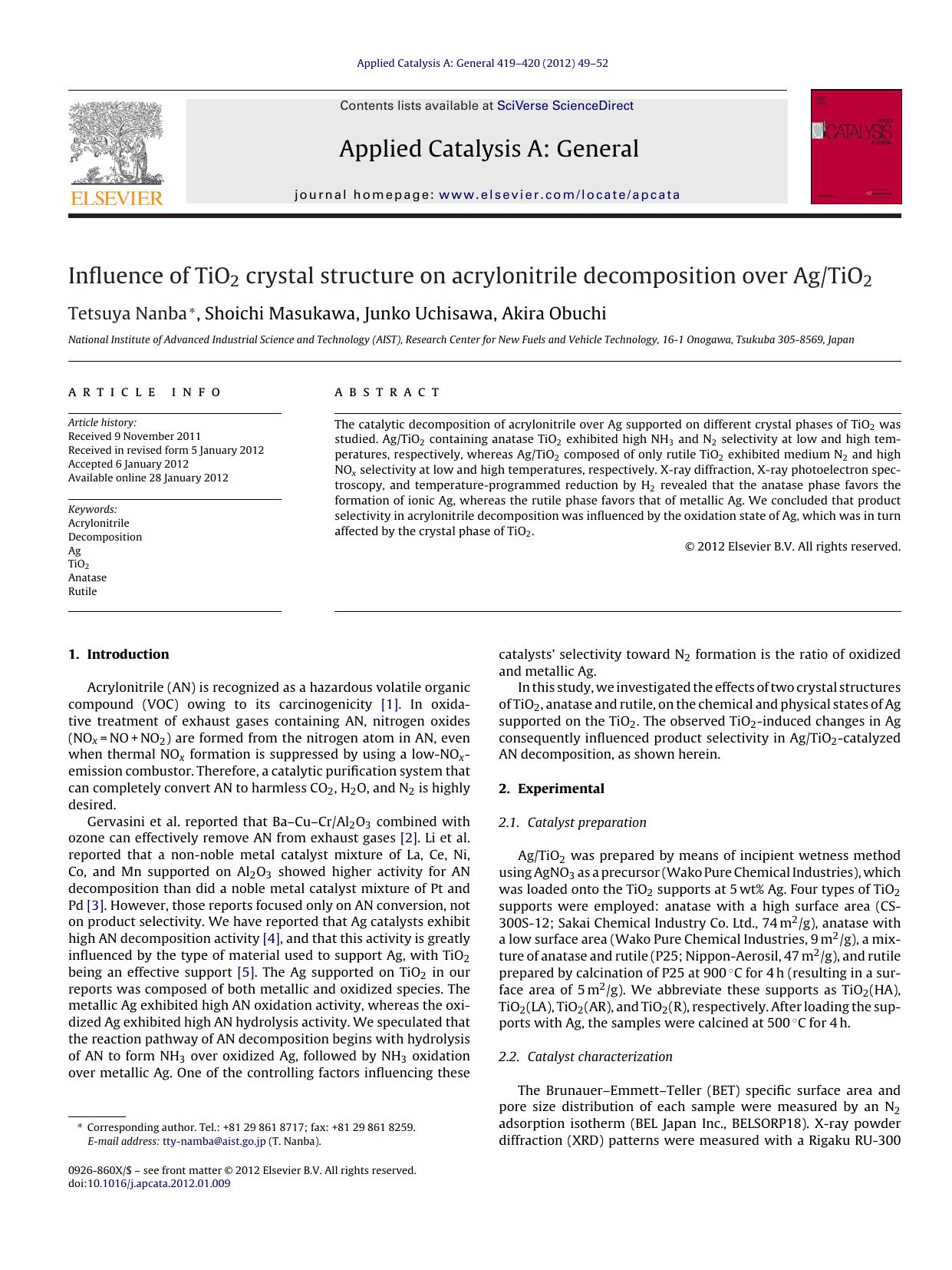 Influence of TiO2 crystal structure on acrylonitrile decomposition over AgTiO2 by Tetsuya Nanba