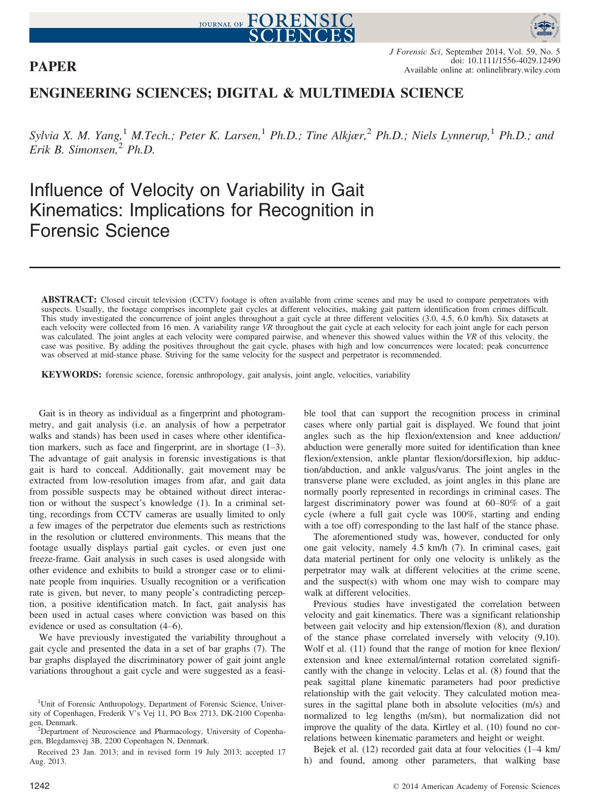 Influence of Velocity on Variability in Gait Kinematics: Implications for Recognition in Forensic Science by Unknown