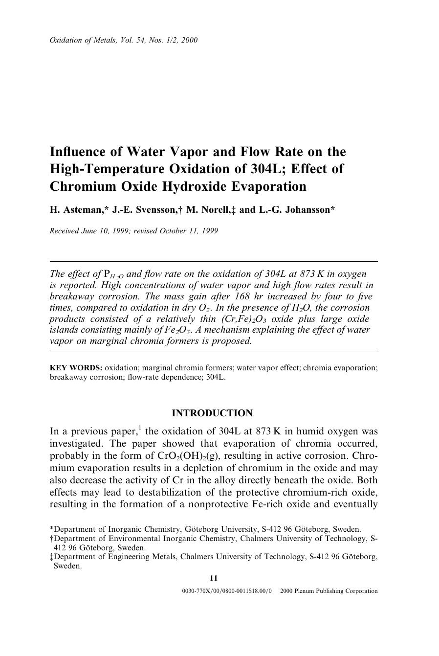Influence of Water Vapor and Flow Rate on the High-Temperature Oxidation of 304L; Effect of Chromium Oxide Hydroxide Evaporation by Unknown
