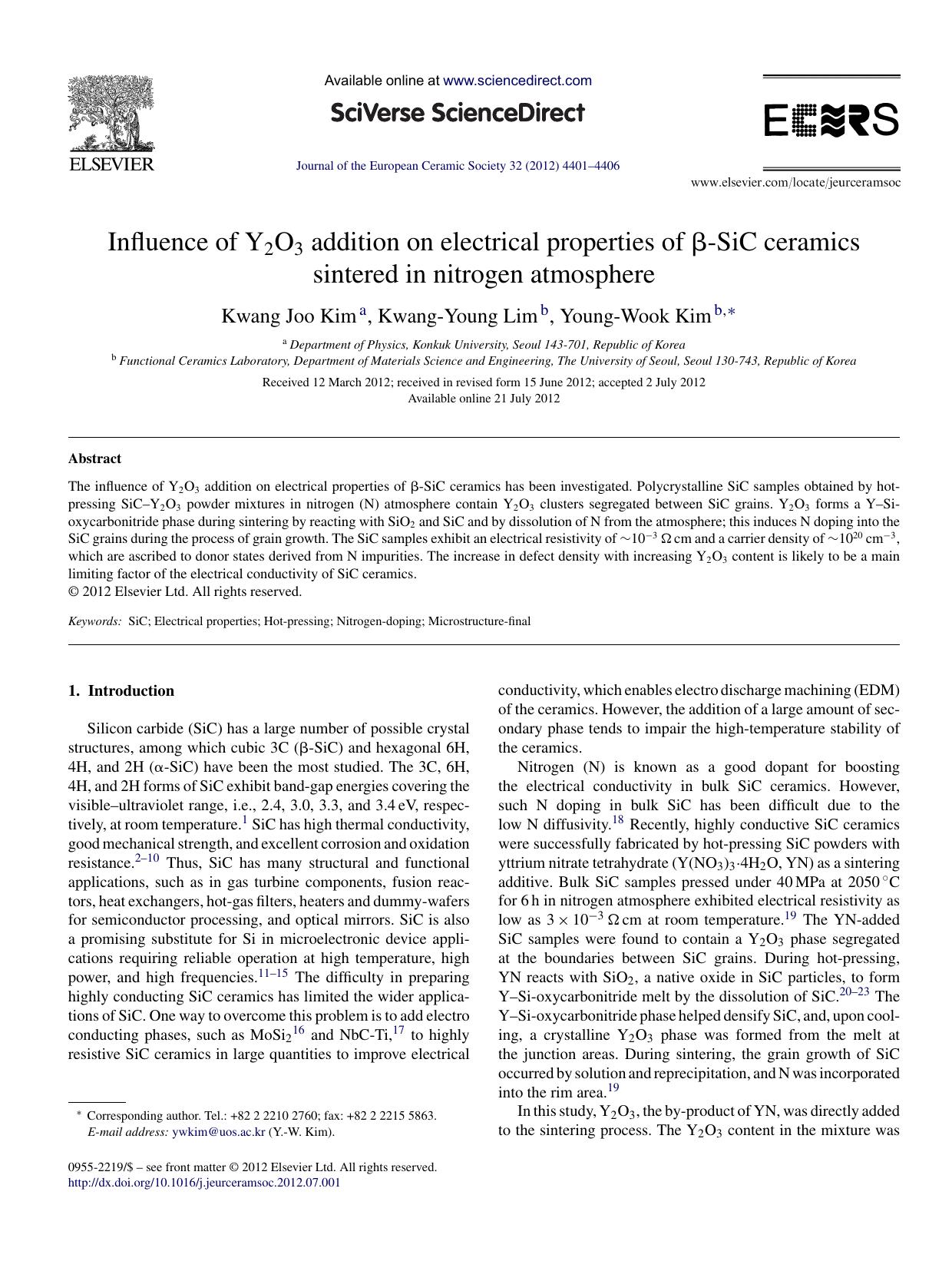 Influence of Y2O3 addition on electrical properties of Î²-SiC ceramics sintered in nitrogen atmosphere by Kwang Joo Kim
