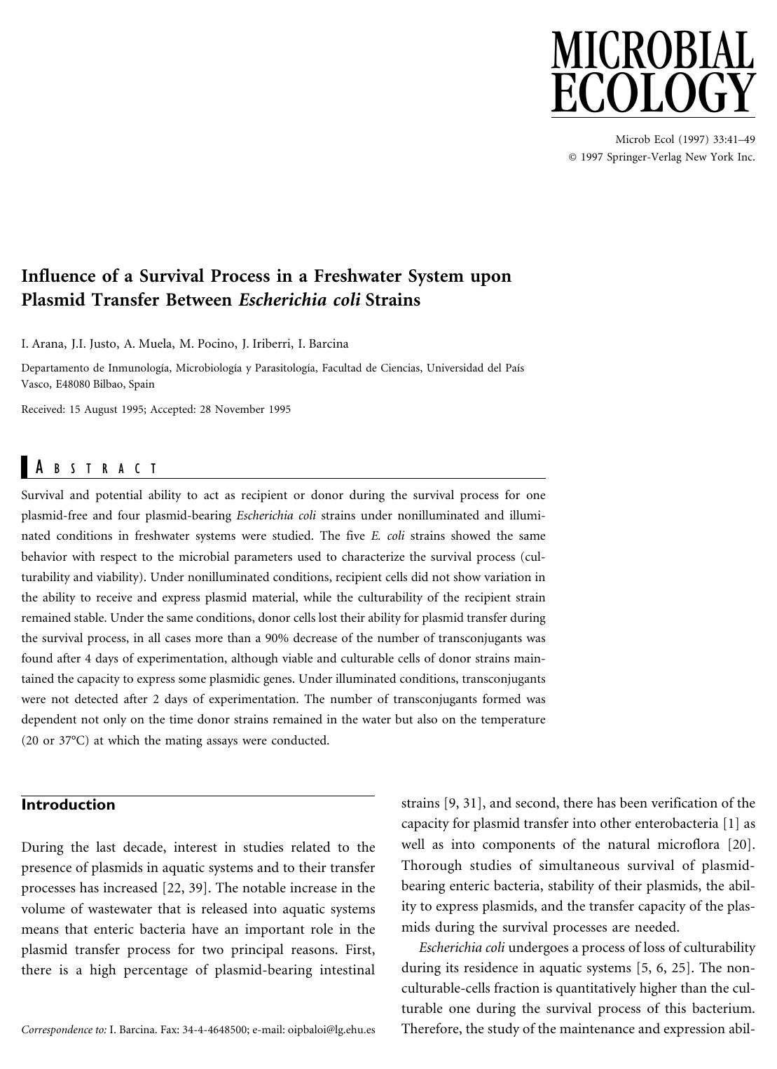 Influence of a Survival Process in a Freshwater System upon Plasmid Transfer Between Escherichia coli Strains by Arana I. et al