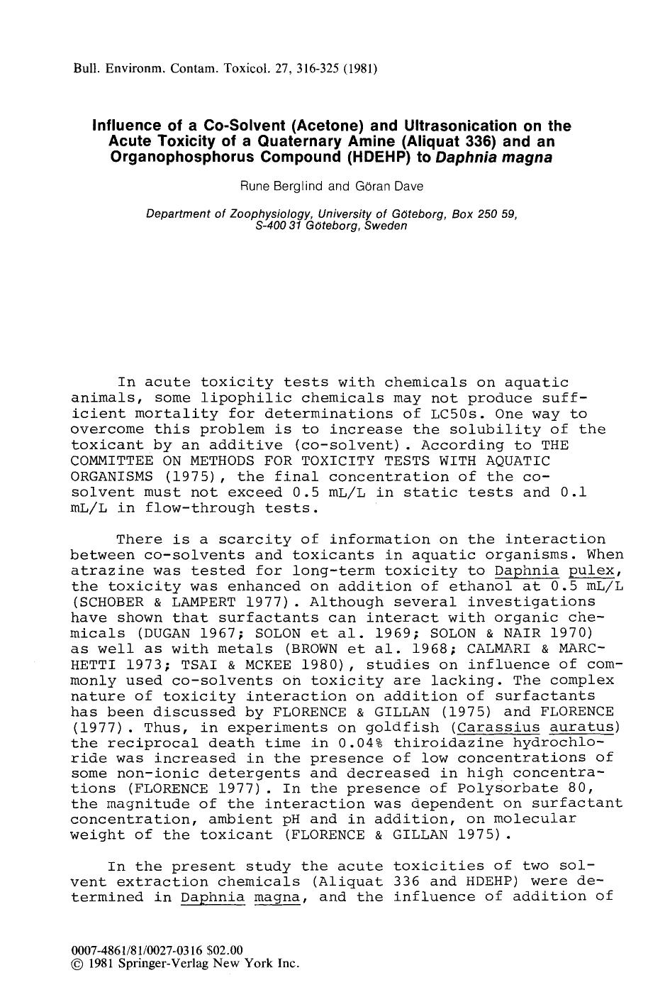 Influence of a co-solvent (acetone) and ultrasonication on the acute toxicity of a quaternary amine (Aliquat 336) and an organophosphorus compound (HDEHP) to <Emphasis Type="Italic by Unknown