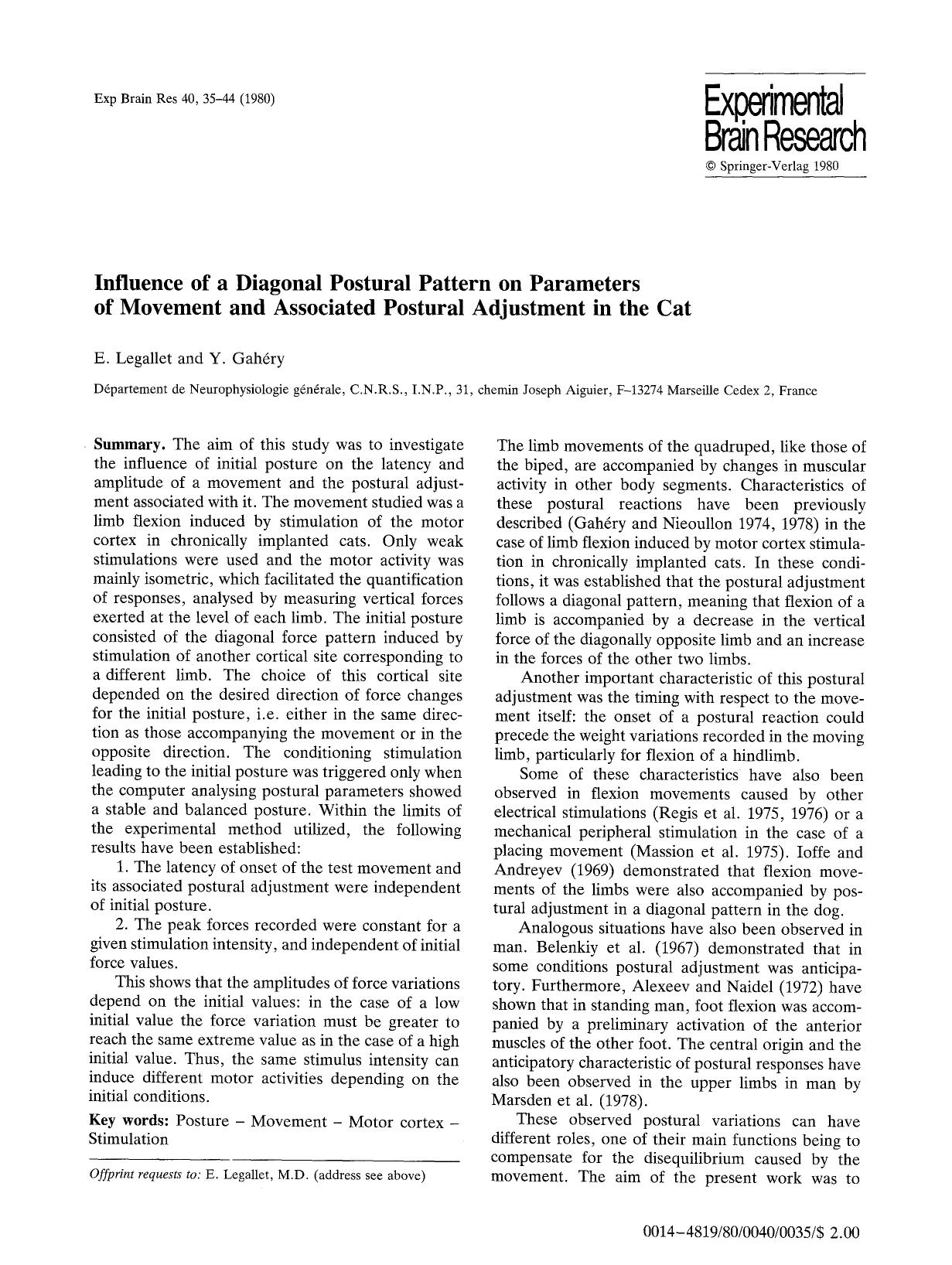Influence of a diagonal postural pattern on parameters of movement and associated postural adjustment in the cat by Unknown