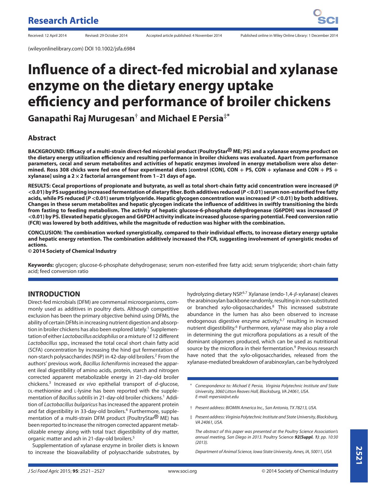 Influence of a direct-fed microbial and xylanase enzyme on the dietary energy uptake efficiency and performance of broiler chickens by Unknown