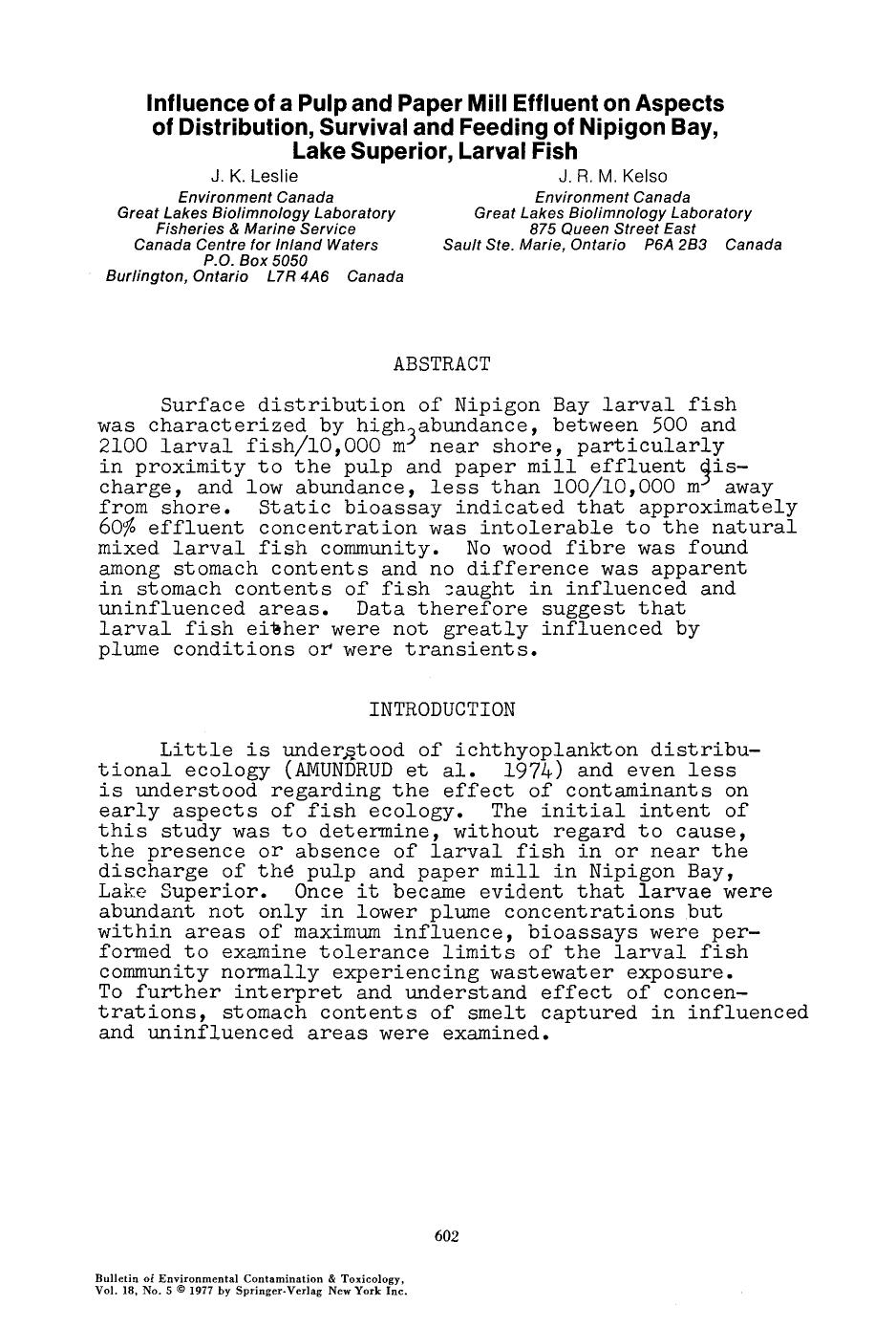 Influence of a pulp and paper mill effluent on aspects of distribution, survival and feeding of Nipigon Bay, Lake Superior, larval fish by Unknown