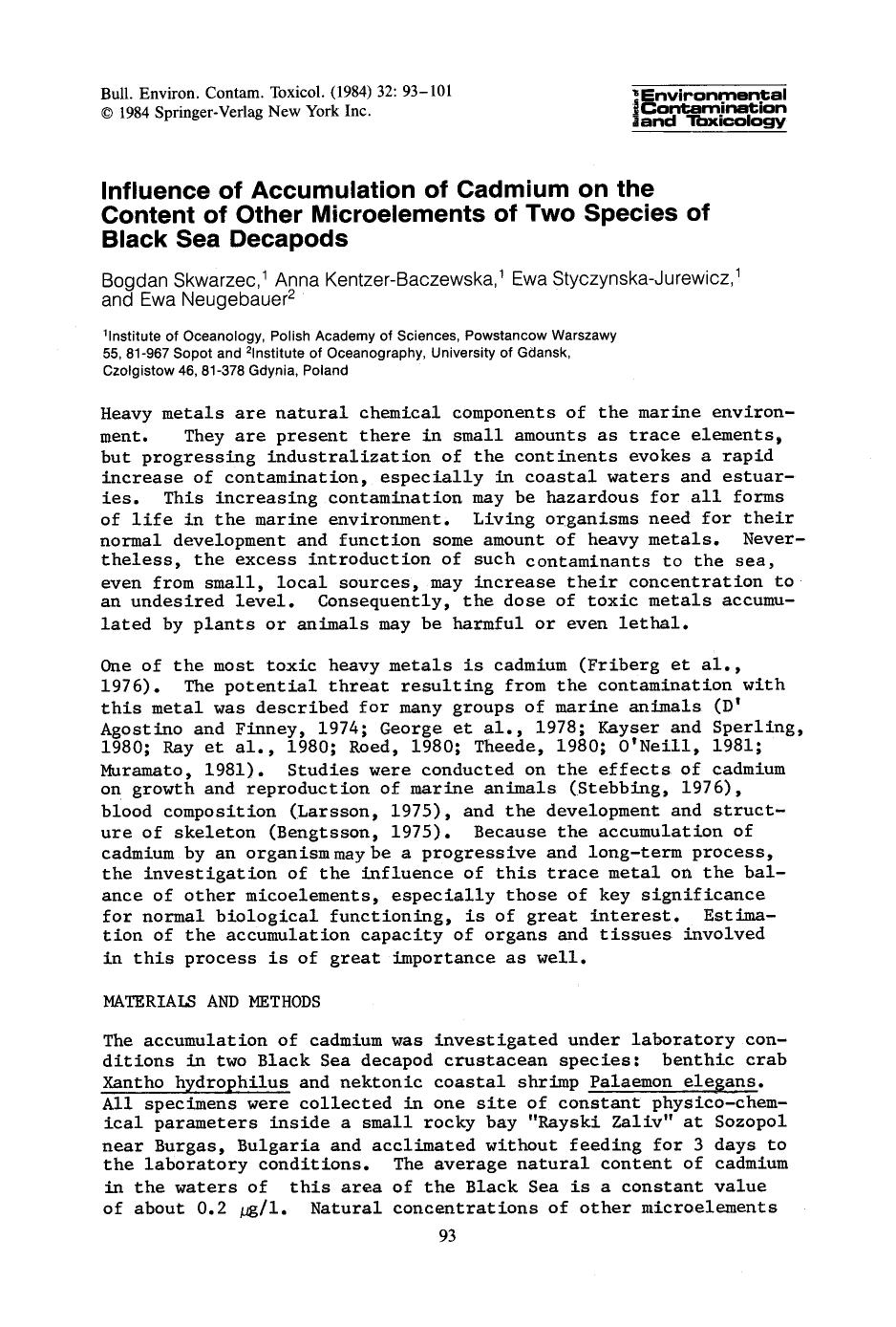 Influence of accumulation of cadmium on the content of other microelements of two species of black sea decapods by Unknown