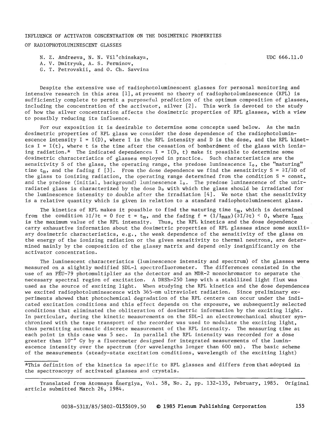 Influence of activator concentration on the dosimetric properties of radiophotoluminescent glasses by Unknown