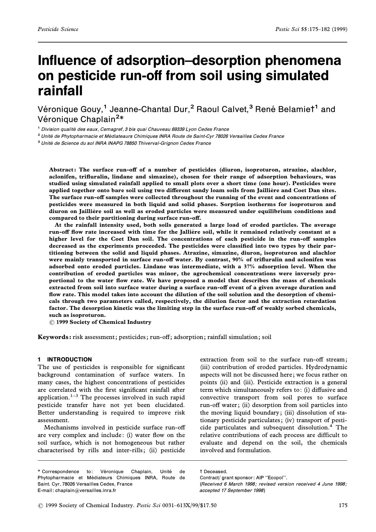 Influence of adsorptiondesorption phenomena on pesticide runoff from soil using simulated rainfall by Unknown