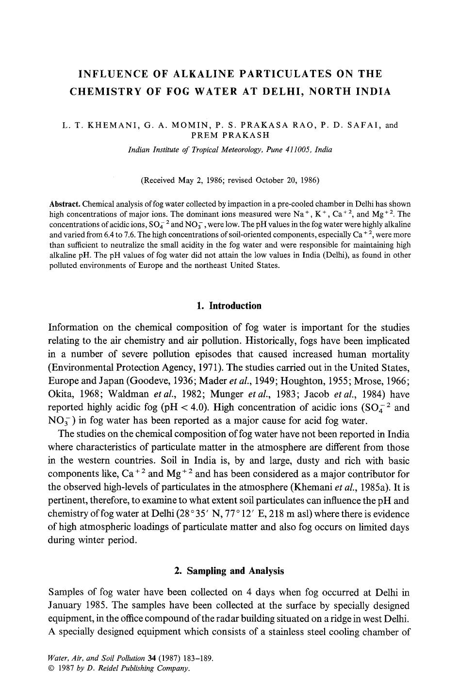 Influence of alkaline particulates on the chemistry of fog water at Delhi, North India by Unknown
