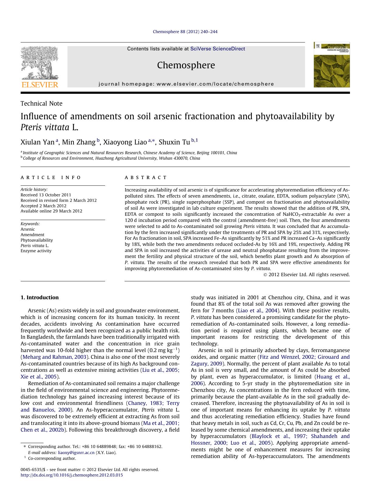 Influence of amendments on soil arsenic fractionation and phytoavailability by Pteris vittata L. by Xiulan Yan & Min Zhang & Xiaoyong Liao & Shuxin Tu
