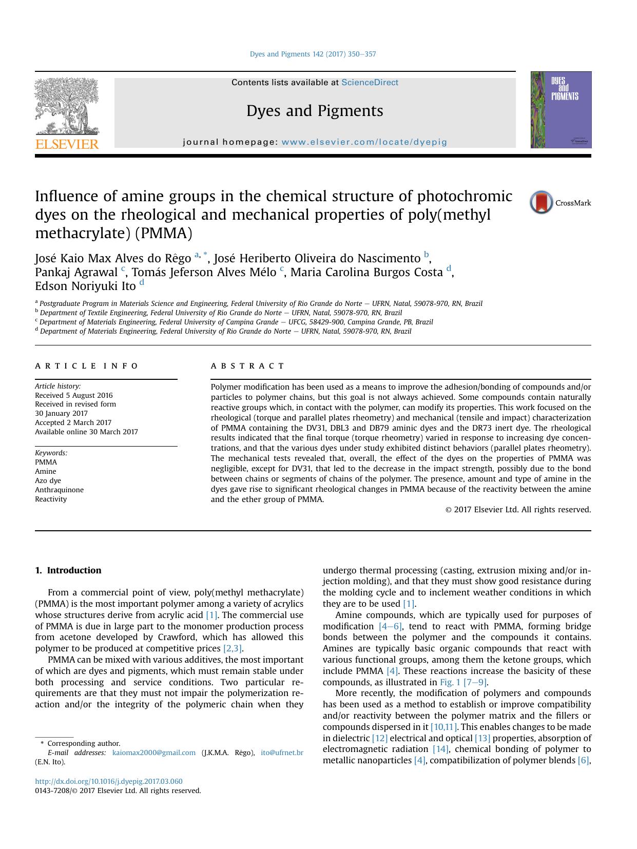 Influence of amine groups in the chemical structure of photochromic dyes on the rheological and mechanical properties of poly(methyl methacrylate) (PMMA) by unknow