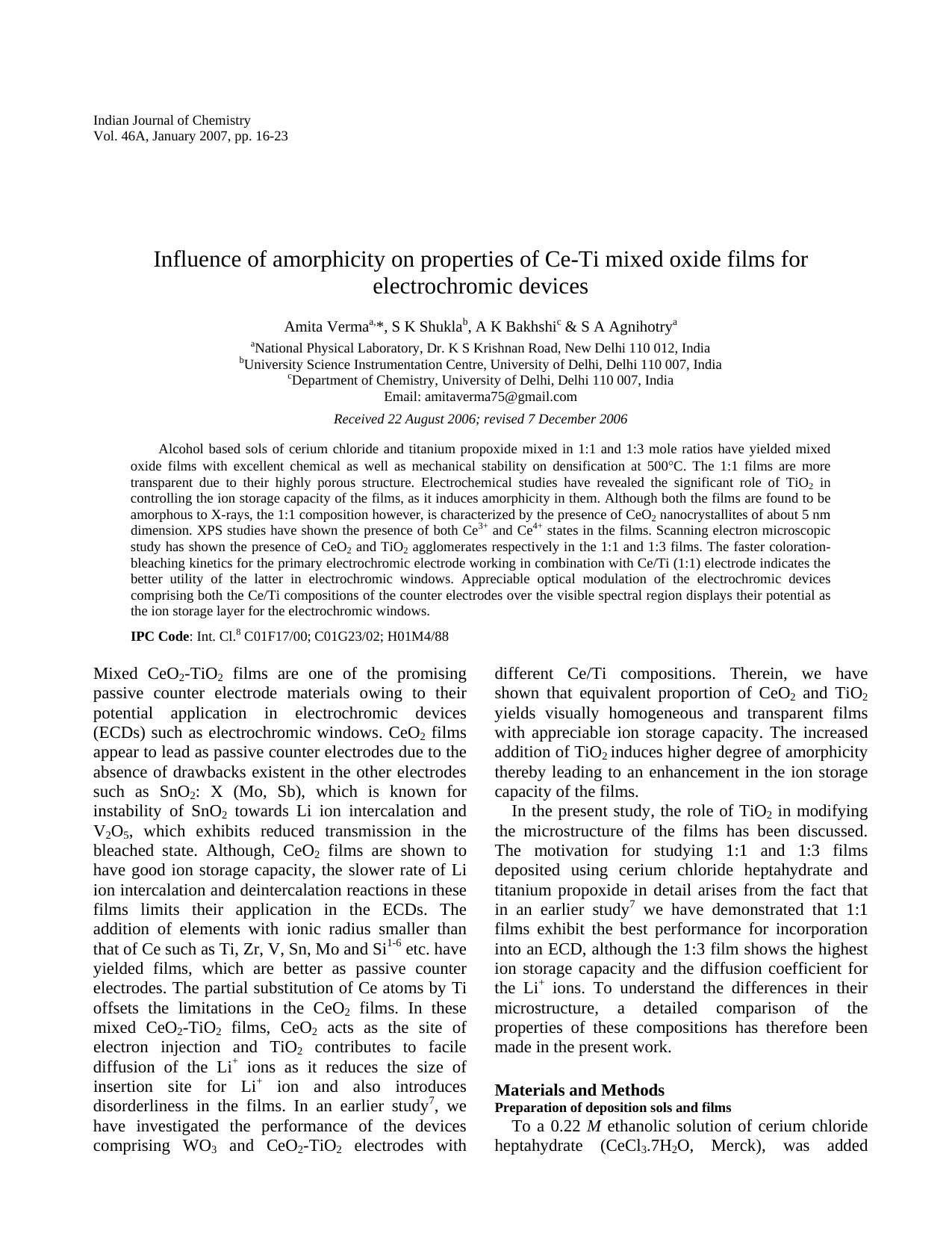 Influence of amorphicity on properties of Ce-Ti mixed oxide films for electrochromic devices by dk