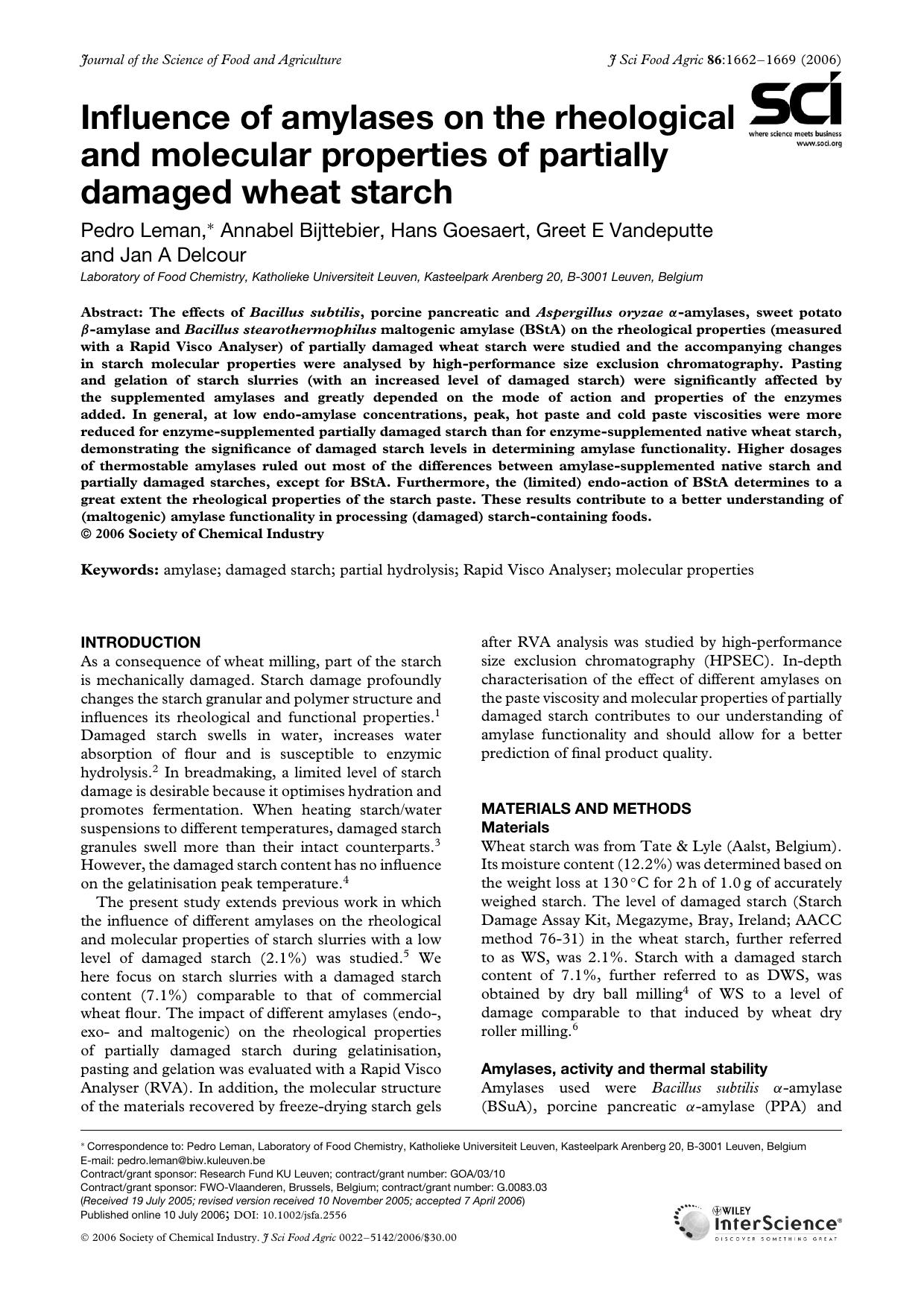 Influence of amylases on the rheological and molecular properties of partially damaged wheat starch by Unknown