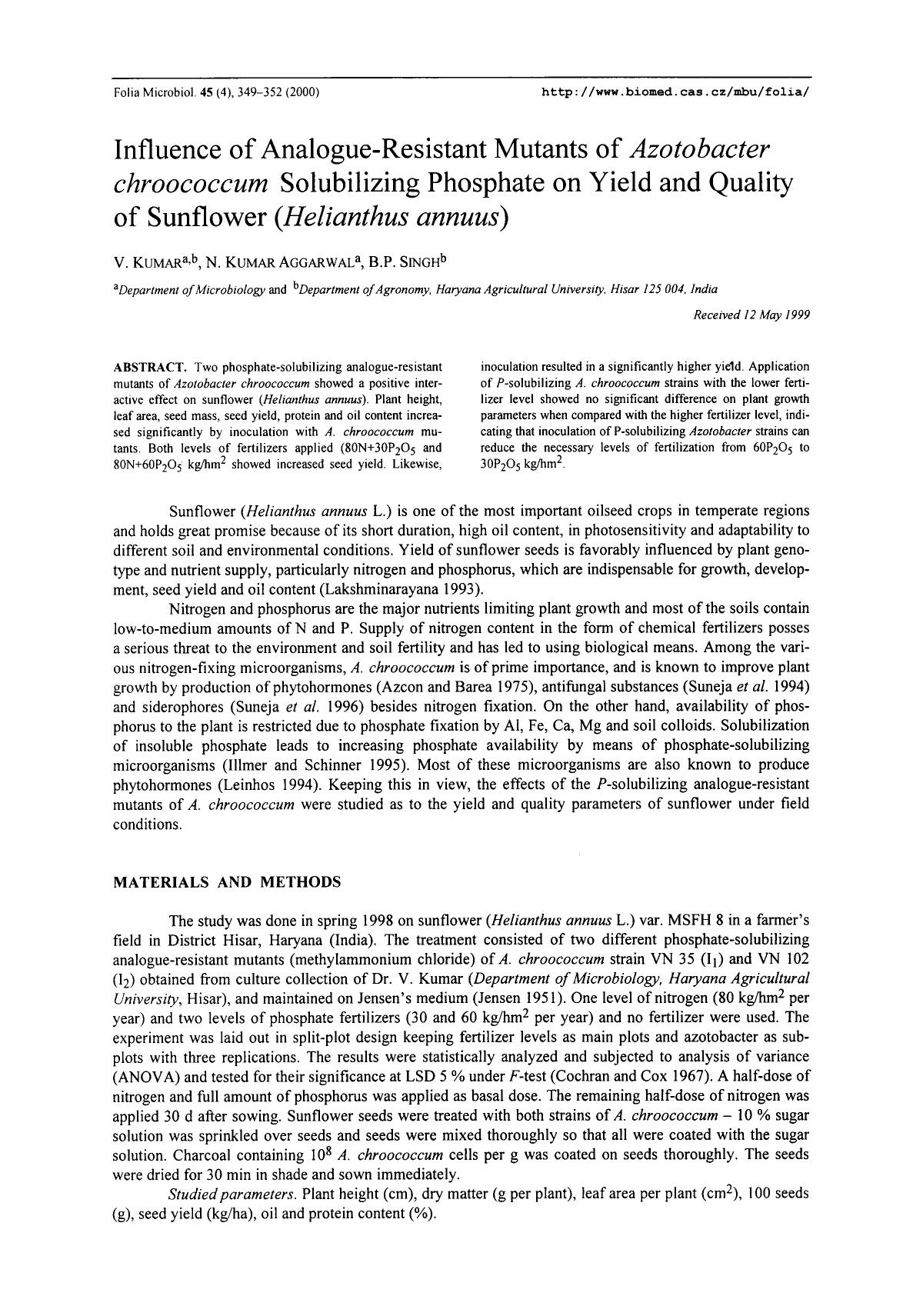 Influence of analogue-resistant mutants of <Emphasis Type="Italic">Azotobacter chroococcum <Emphasis> solubilizing phosphate on yield and quality of sunflower ( <Emphasis Type="Ita by Unknown