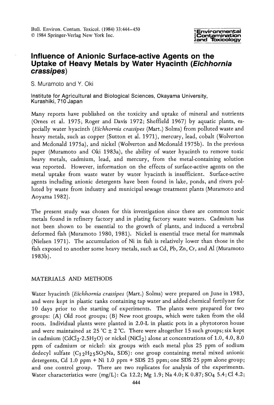 Influence of anionic surface-active agents on the uptake of heavy metals by water hyacinth ( <Emphasis Type="Italic">Eichhornia crassipes <Emphasis>) by Unknown