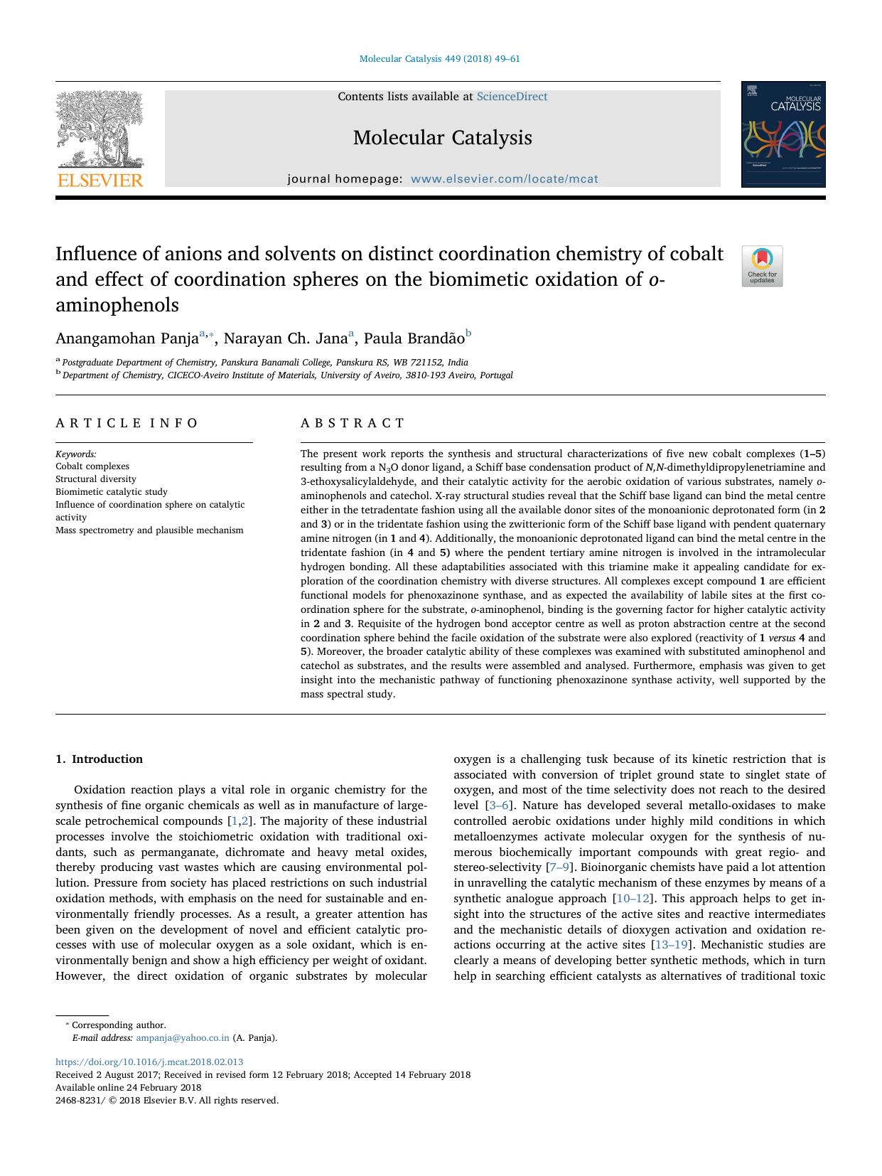 Influence of anions and solvents on distinct coordination chemistry of cobalt and effect of coordination spheres on the biomimetic oxidation of o-aminophenols by Anangamohan Panja & Narayan Ch. Jana & Paula Brandão