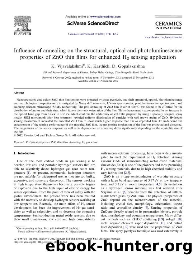 Influence of annealing on the structural, optical and photoluminescence properties of ZnO thin films for enhanced H2 sensing application by K. Vijayalakshmi & K. Karthick & D. Gopalakrishna