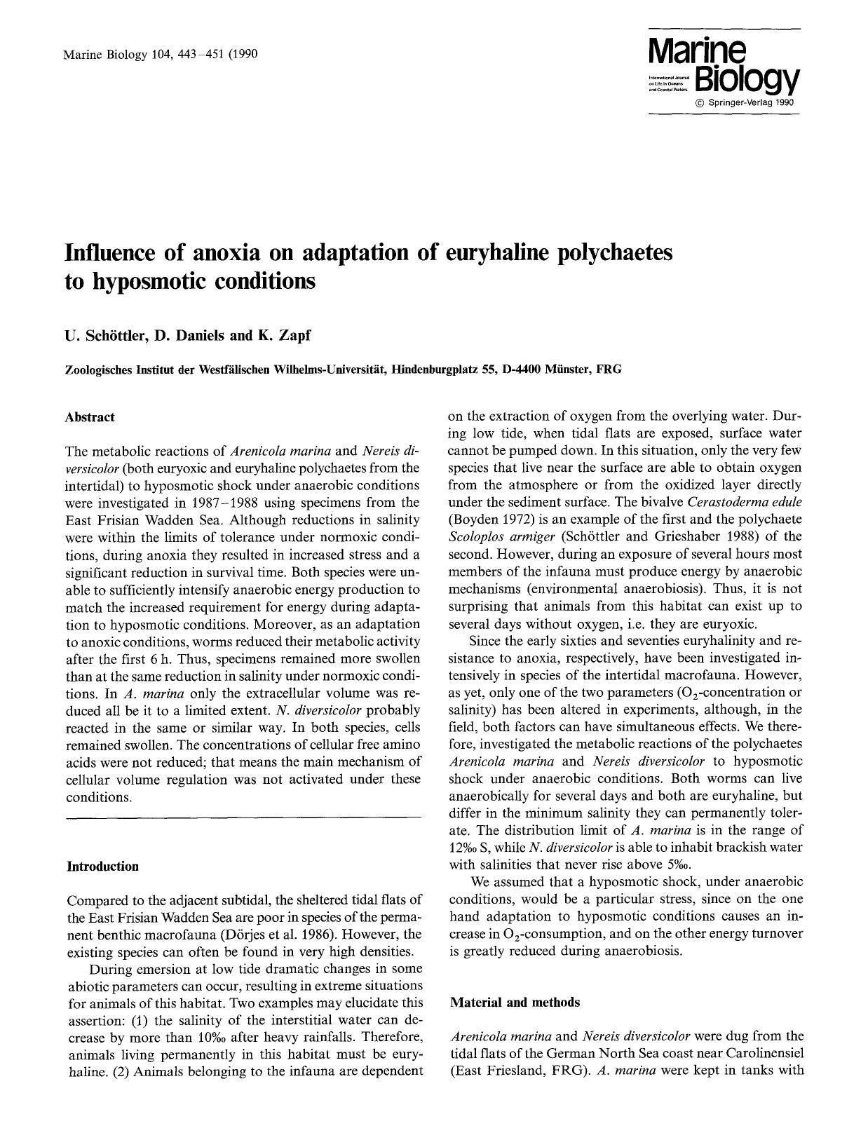 Influence of anoxia on adaptation of euryhaline polychaetes to hyposmotic conditions by Unknown