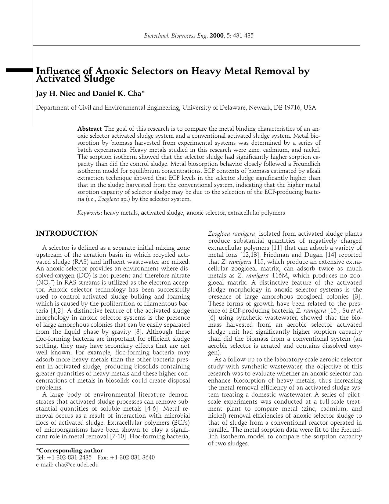 Influence of anoxic selectors on heavy metal removal by activated sludge by Unknown
