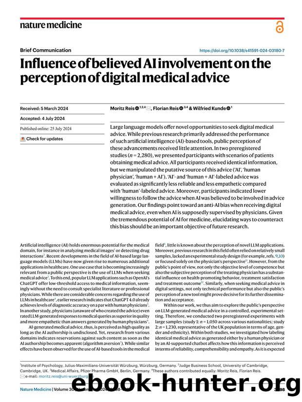 Influence of believed AI involvement on the perception of digital medical advice by Moritz Reis & Florian Reis & Wilfried Kunde