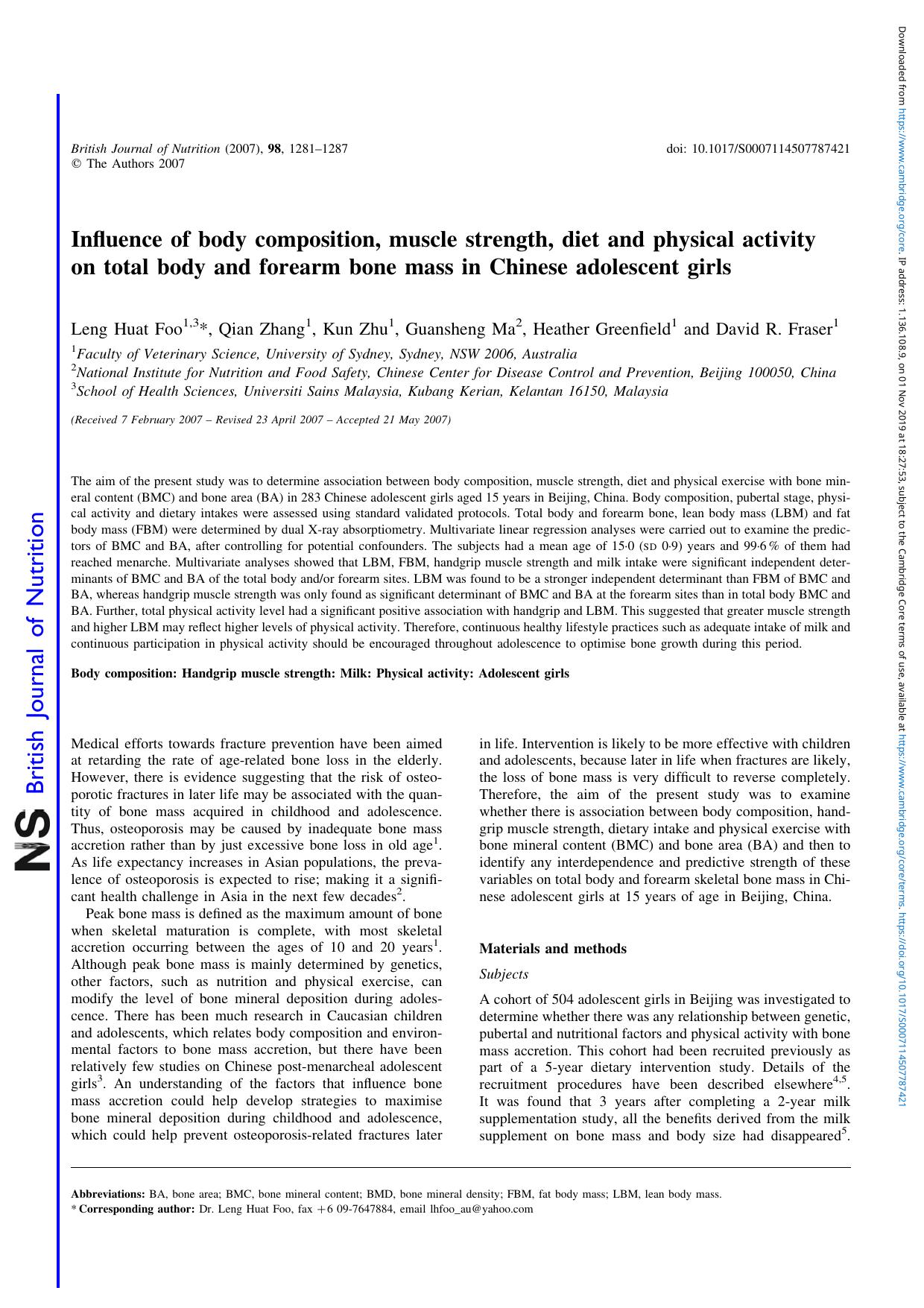 Influence of body composition, muscle strength, diet and physical activity on total body and forearm bone mass in Chinese adolescent girls by Leng Huat Foo Qian Zhang Kun Zhu Guansheng Ma Heather Greenfield David R. Fraser