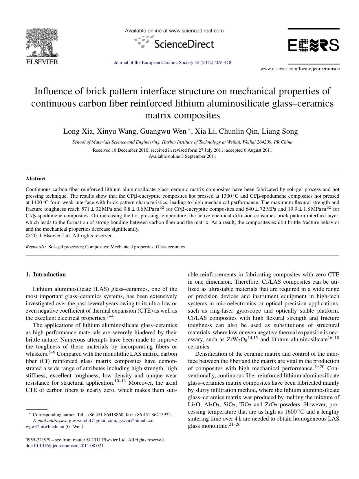 Influence of brick pattern interface structure on mechanical properties of continuous carbon fiber reinforced lithium aluminosilicate glassÃ¢â¬âceramics matrix composites by Long Xia
