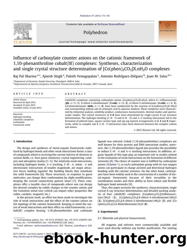 Influence of carboxylate counter anions on the cationic framework of 1,10-phenanthroline cobalt(III) complexes: Syntheses, characterization and single crystal structure determinati by Raj Pal Sharma & Ajnesh Singh & Paloth Venugopalan & Antonio Rodríguez-Diéguez & Juan M. Salas
