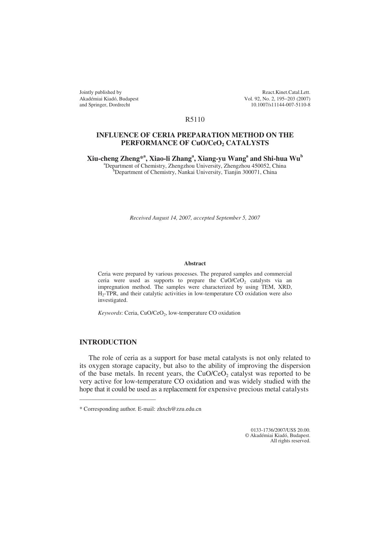 Influence of ceria preparation method on the performance of CuOCeO<Subscript>2<Subscript> catalysts by Unknown