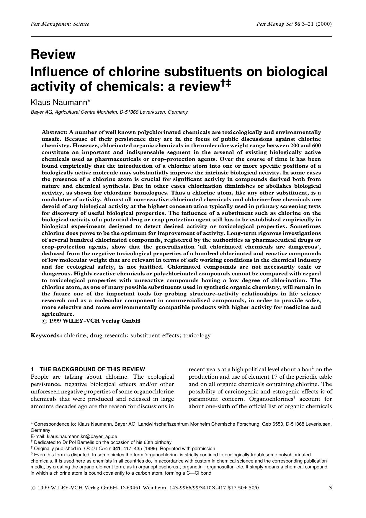 Influence of chlorine substituents on biological activity of chemicals: a review by Unknown