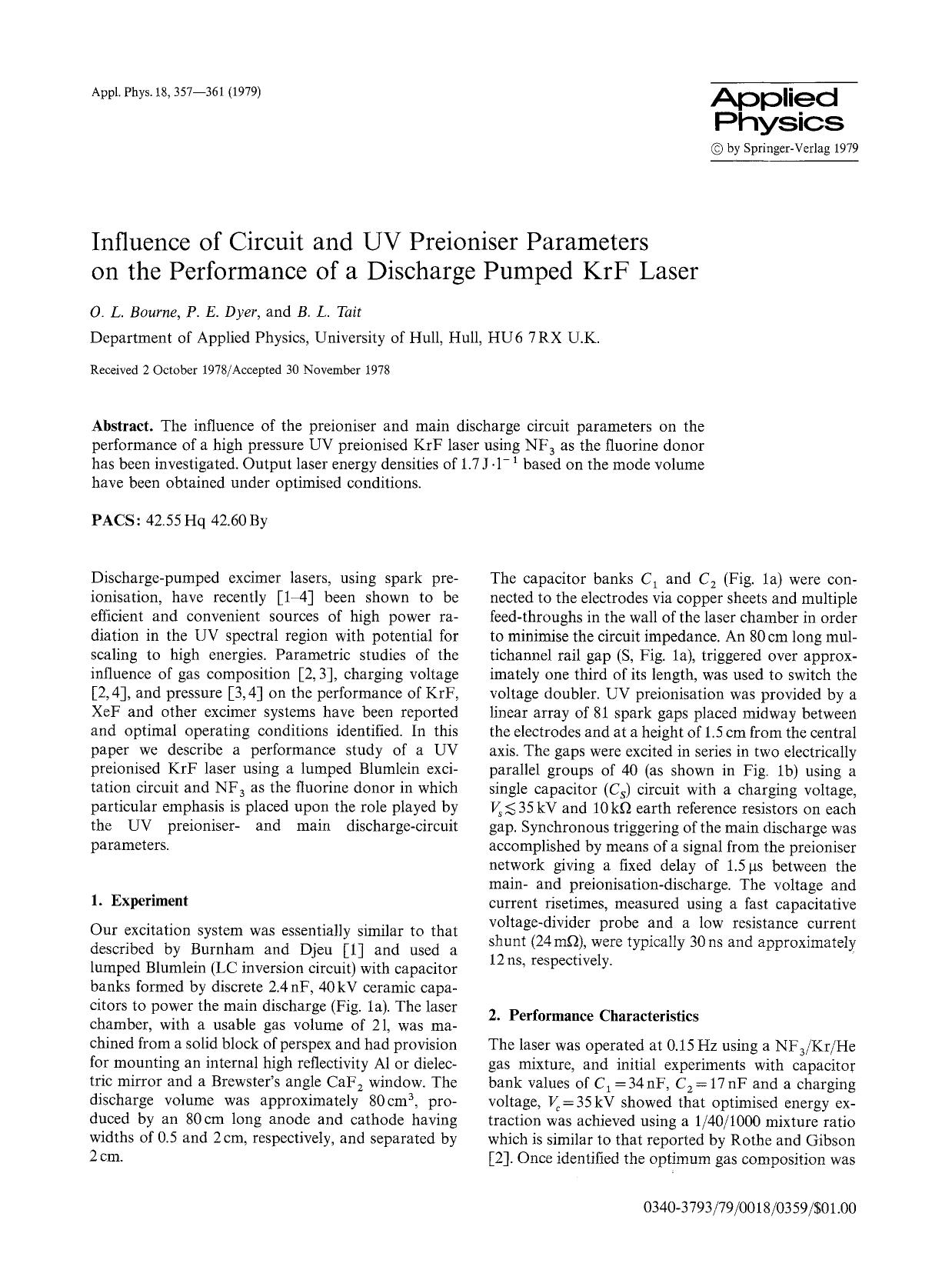 Influence of circuit and UV prioniser parameters on the performance of a discharge pumped KrF laser by Unknown