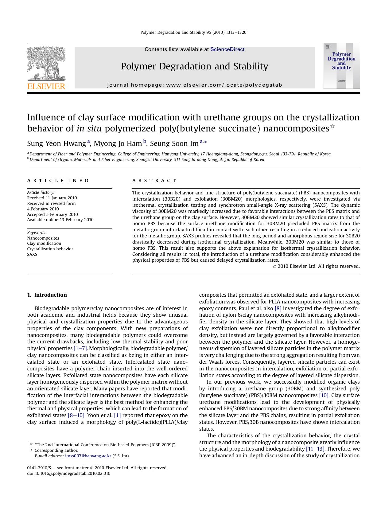 Influence of clay surface modification with urethane groups on the crystallization behavior of in situ polymerized poly(butylene succinate) nanocomposites by Sung Yeon Hwang & Myong Jo Ham & Seung Soon Im