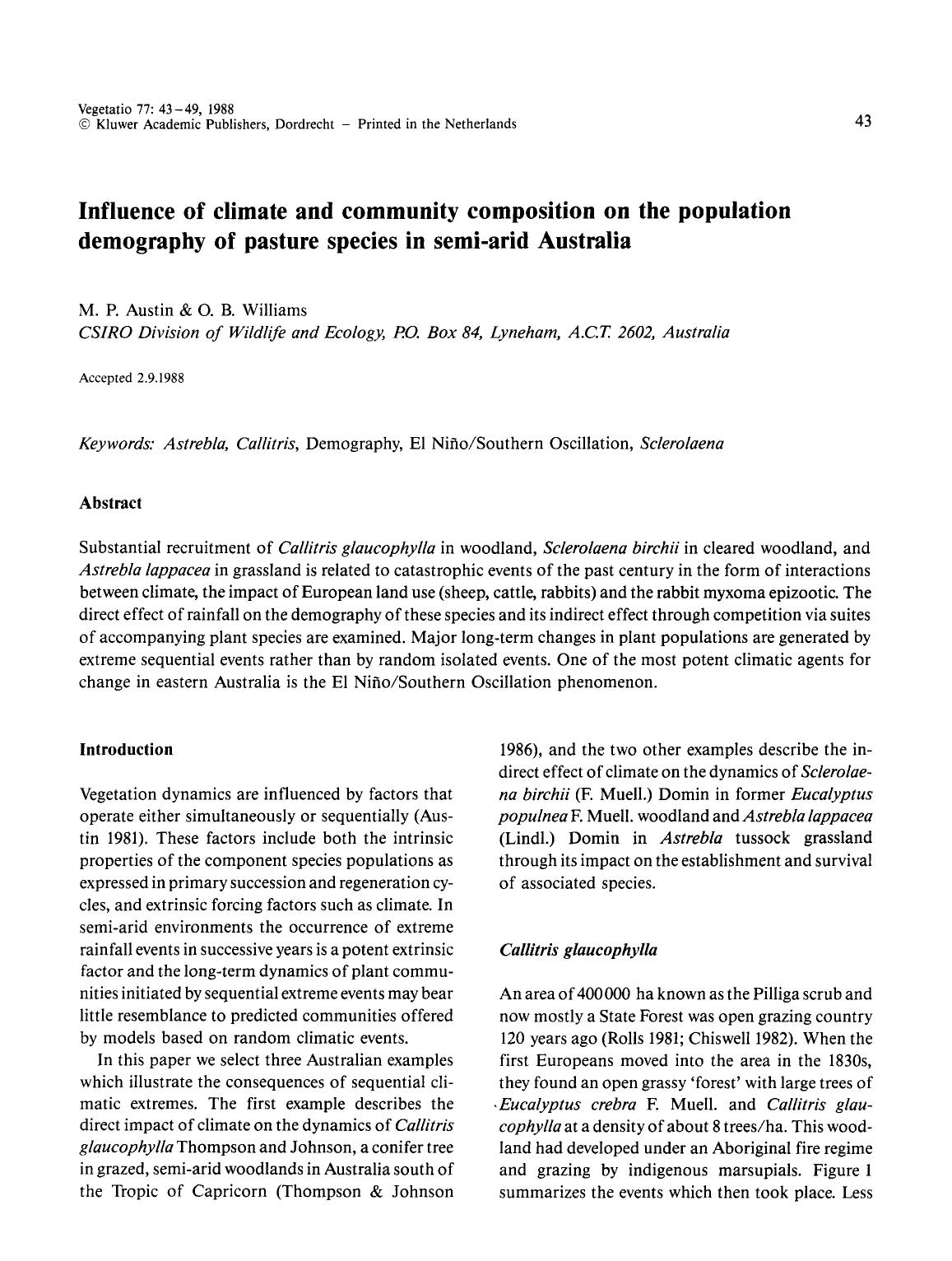 Influence of climate and community composition on the population demography of pasture species in semi-arid Australia by Unknown