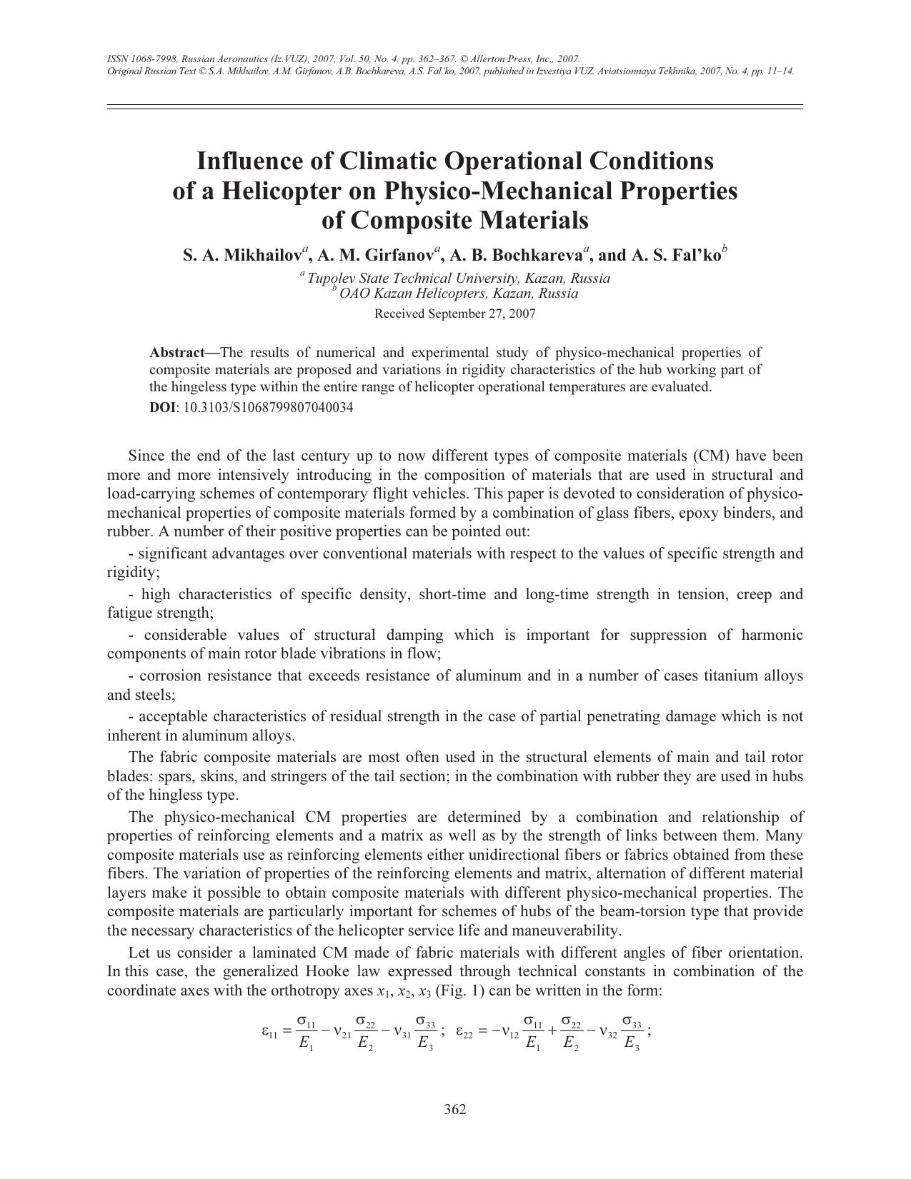 Influence of climatic operational conditions of a helicopter on physico-mechanical properties of composite materials by Unknown