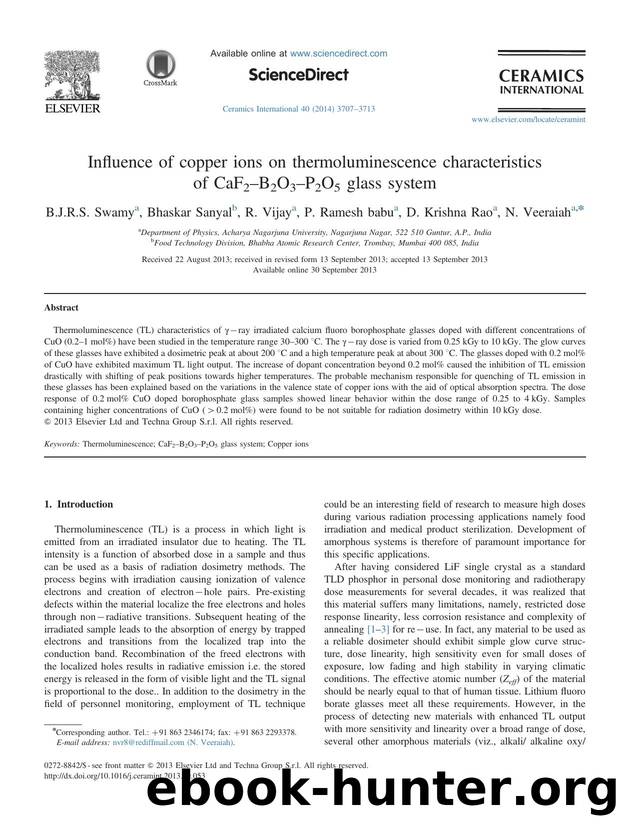 Influence of copper ions on thermoluminescence characteristics of CaF2âB2O3âP2O5 glass system by B.J.R.S. Swamy & Bhaskar Sanyal & R. Vijay & P. Ramesh babu & D. Krishna Rao & N. Veeraiah