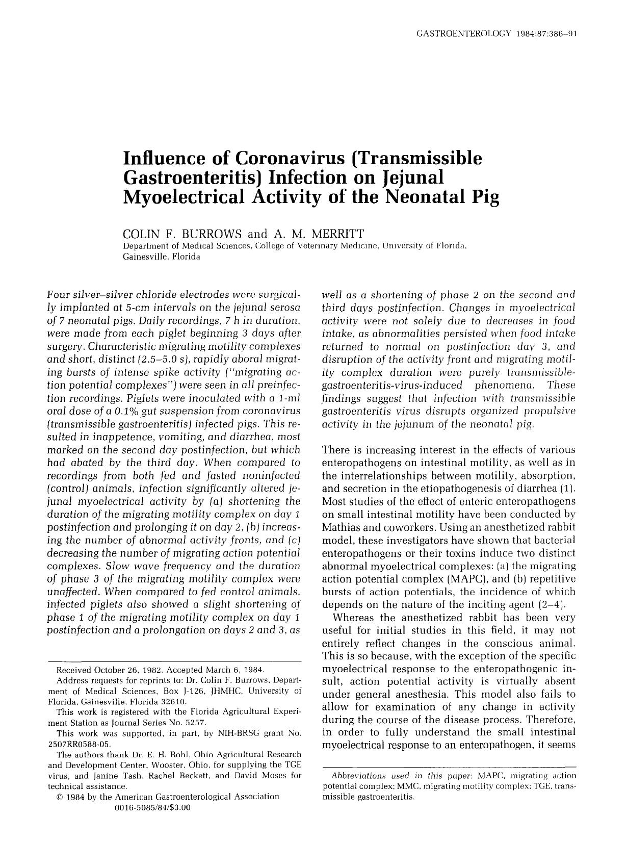 Influence of coronavirus (transmissible gastroenteritis) infection on jejunal myoelectrical activity of the neonatal pig by Colin F. Burrows & A.M. Merritt