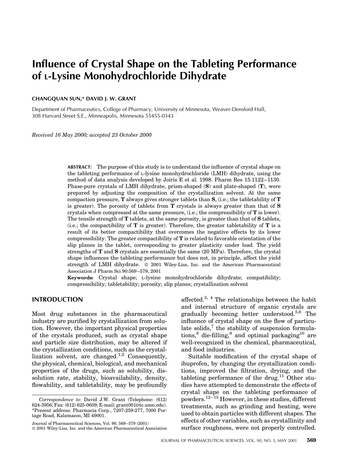 Influence of crystal shape on the tableting performance of L-lysine monohydrochloride dihydrate by Unknown