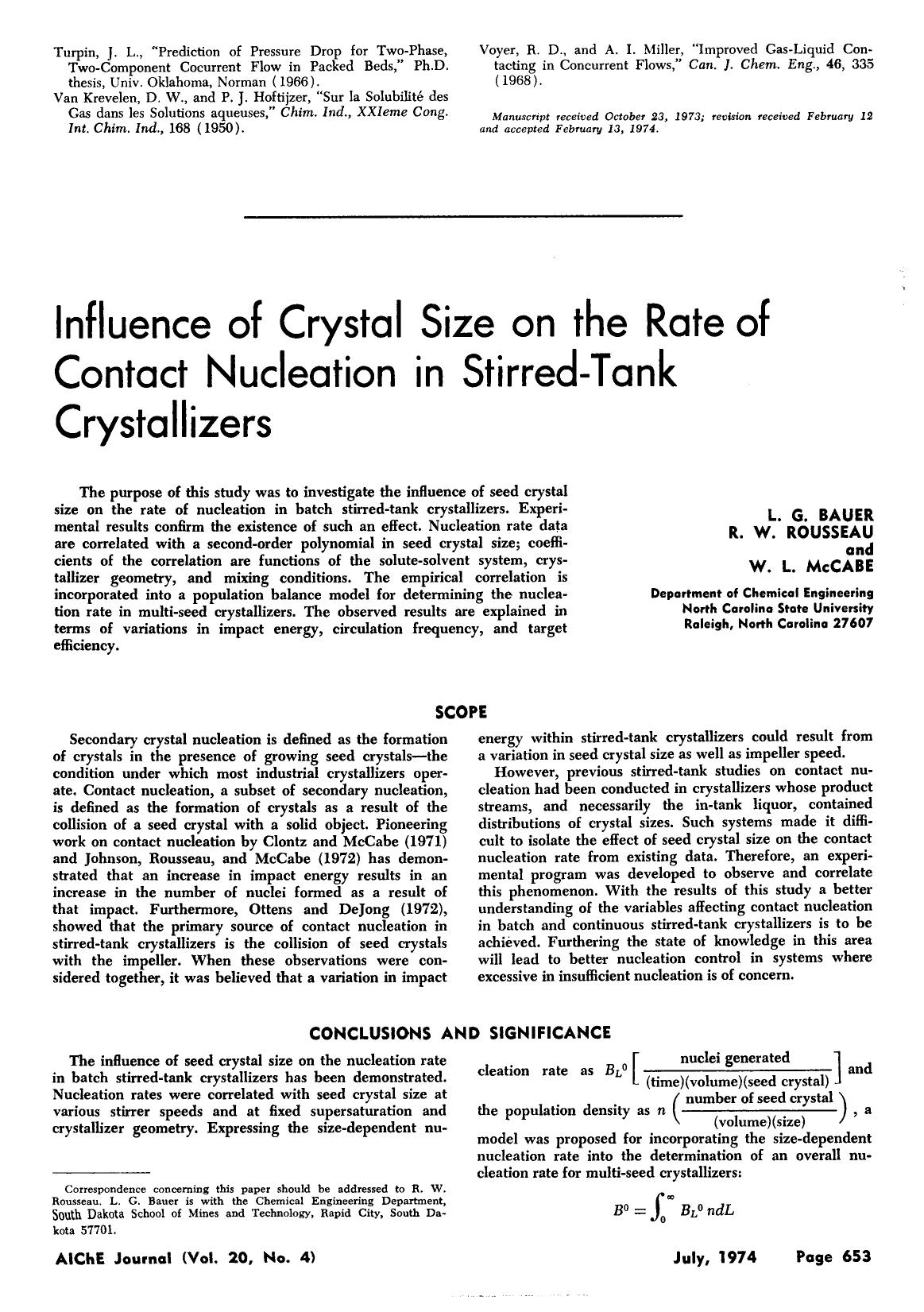 Influence of crystal size on the rate of contact nucleation in stirred-tank crystallizers by Unknown