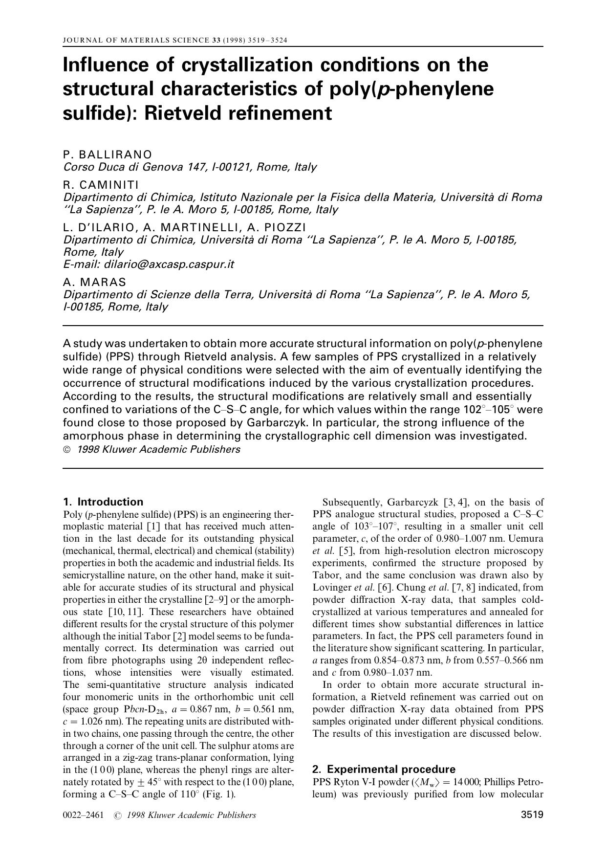 Influence of crystallization conditions on the structural characteristics of poly(p-phenylene sulfide): Rietveld refinement by Unknown