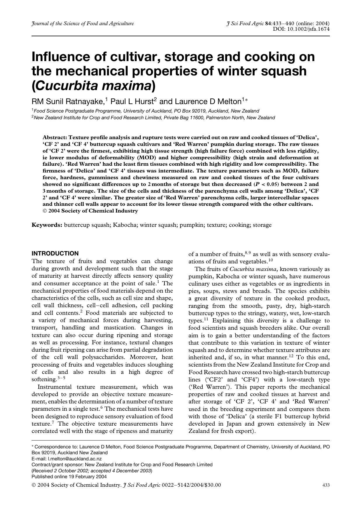 Influence of cultivar, storage and cooking on the mechanical properties of winter squash (Cucurbita maxima) by Unknown