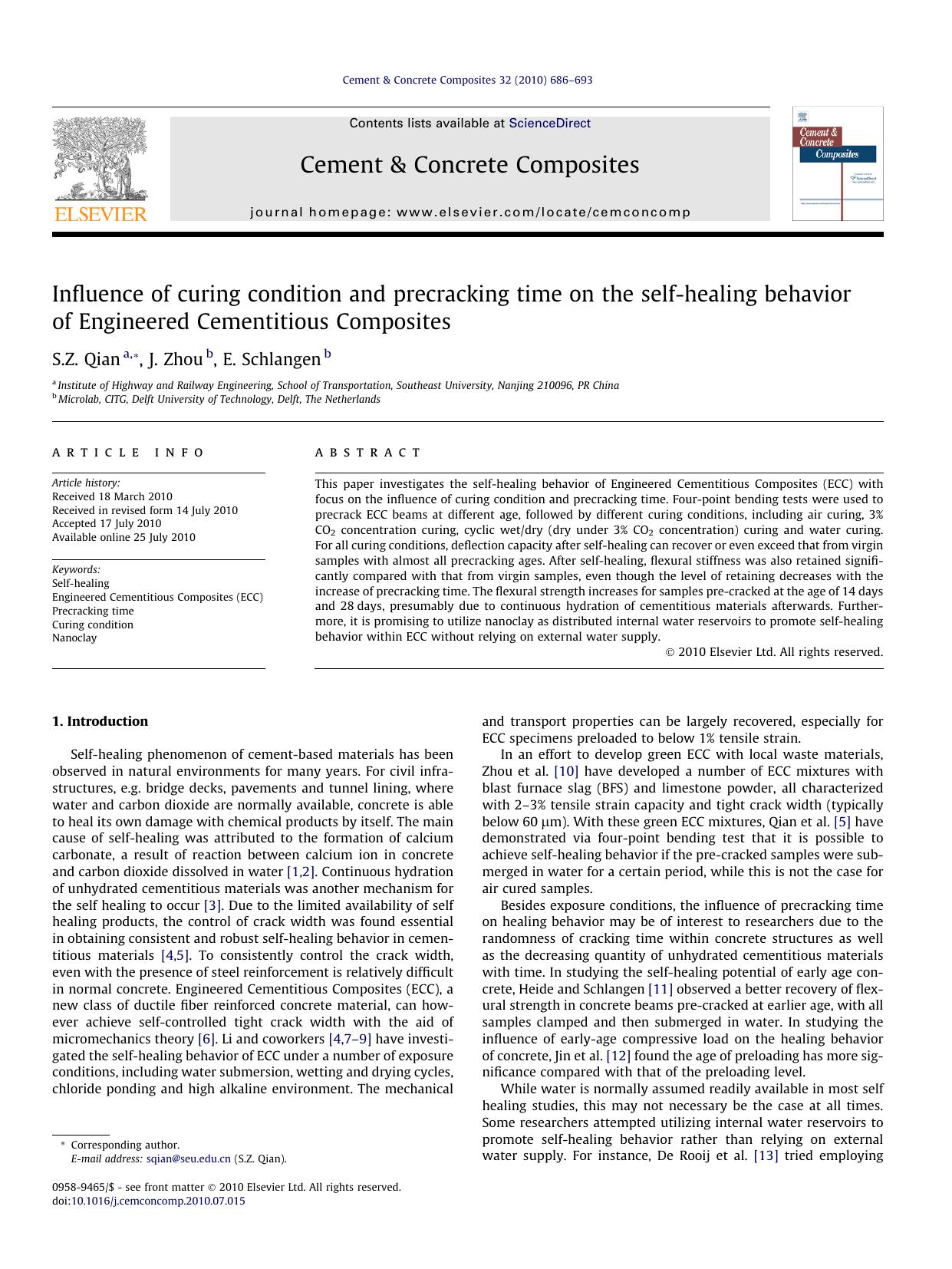 Influence of curing condition and precracking time on the self-healing behavior of Engineered Cementitious Composites by S.Z. Qian & J. Zhou & E. Schlangen