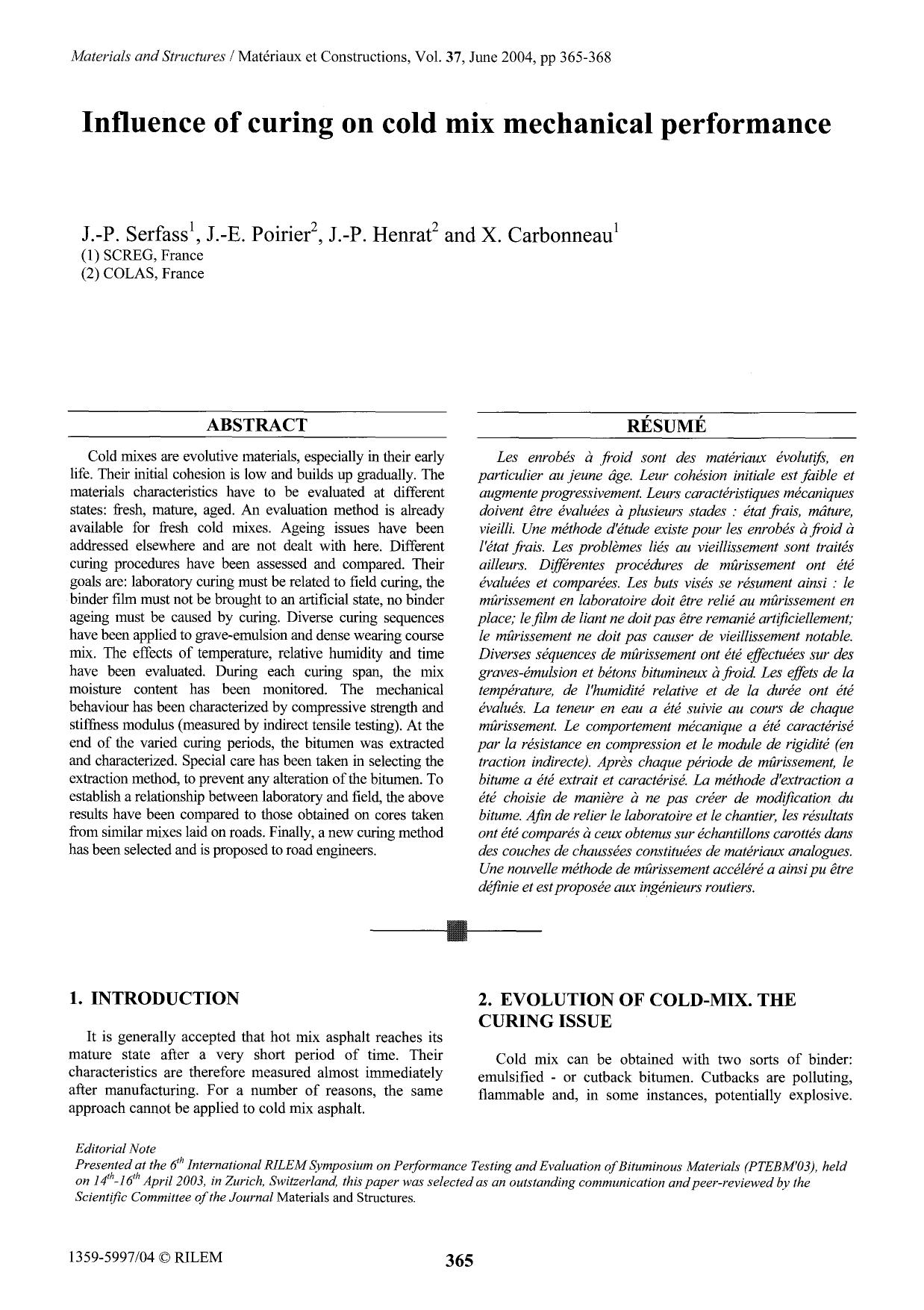 Influence of curing on cold mix mechanical performance by Unknown