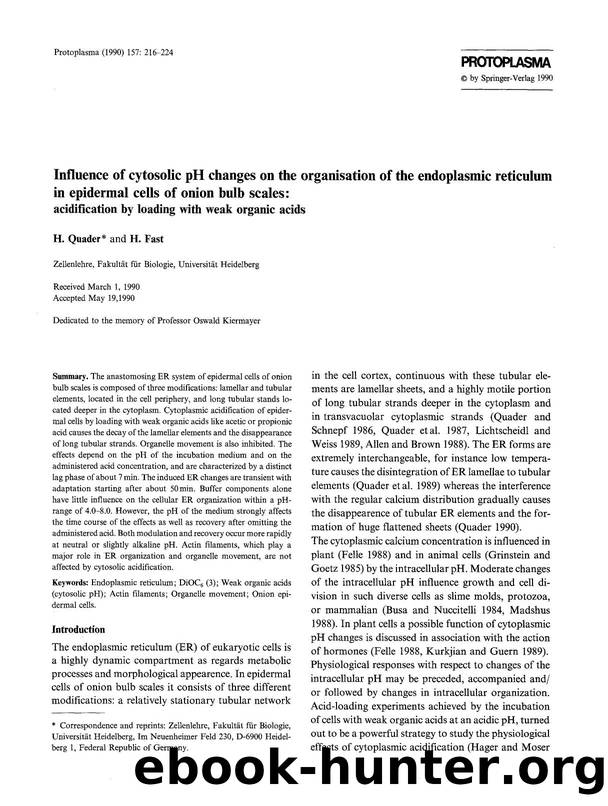 Influence of cytosolic pH changes on the organisation of the endoplasmic reticulum in epidermal cells of onion bulb scales: Acidification by loading with weak organic acids by Unknown