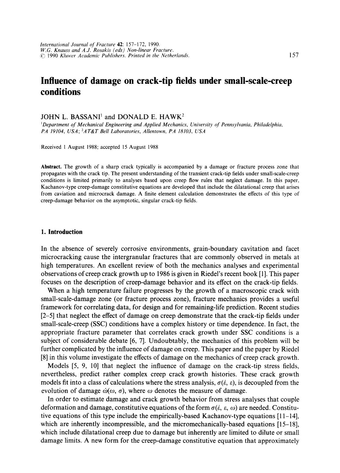 Influence of damage on crack-tip fields under small-scale-creep conditions by Unknown