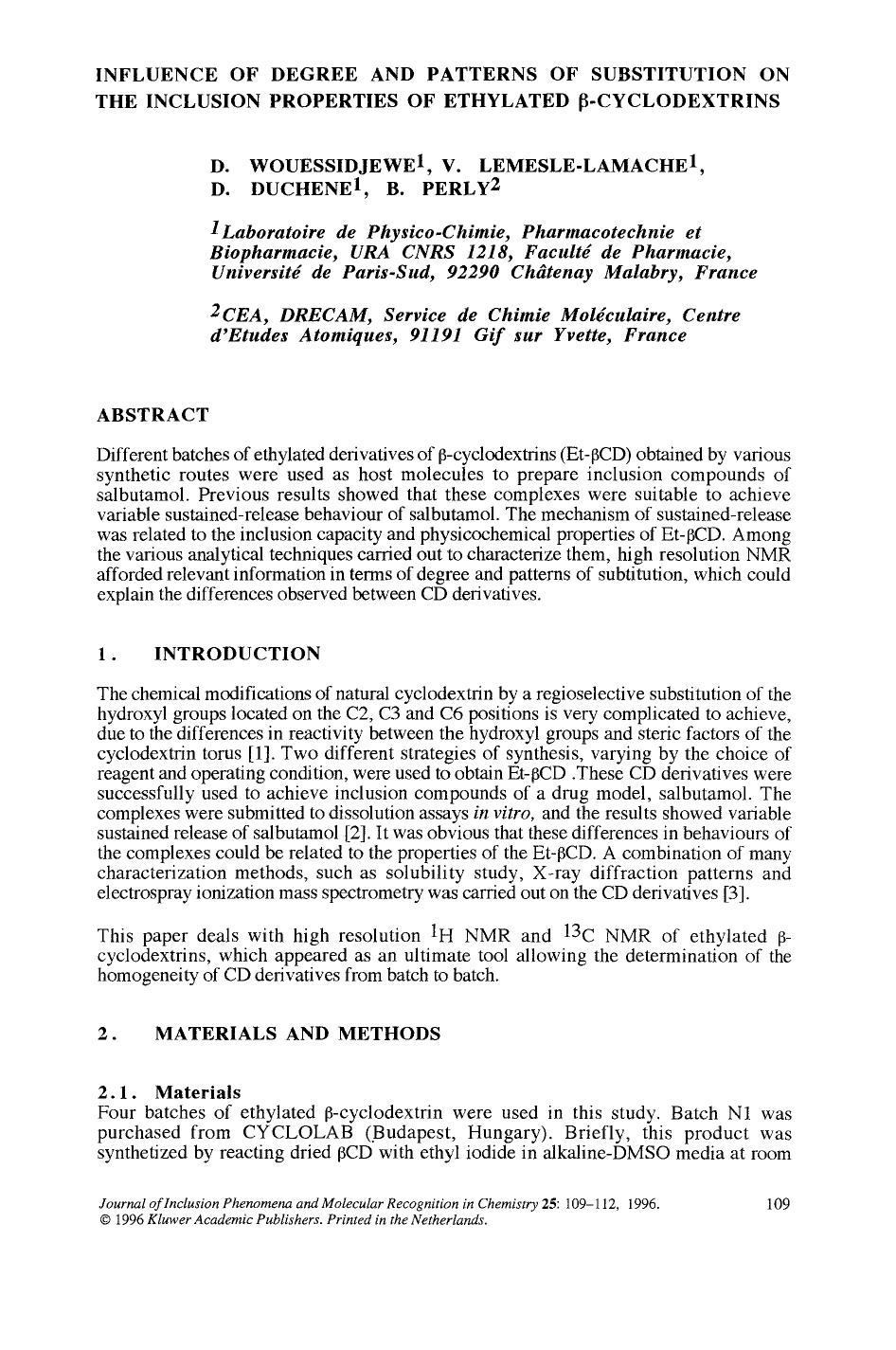 Influence of degree and patterns of substitution on the inclusion properties of ethylated β-cyclodextrins by Unknown