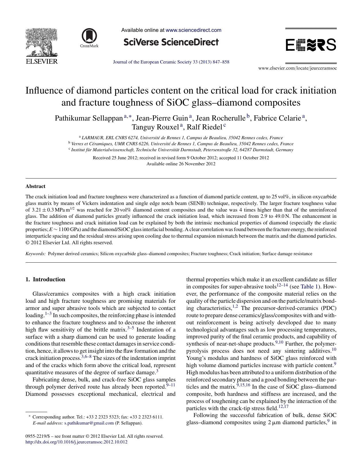 Influence of diamond particles content on the critical load for crack initiation and fracture toughness of SiOC glassâdiamond composites by Pathikumar Sellappan