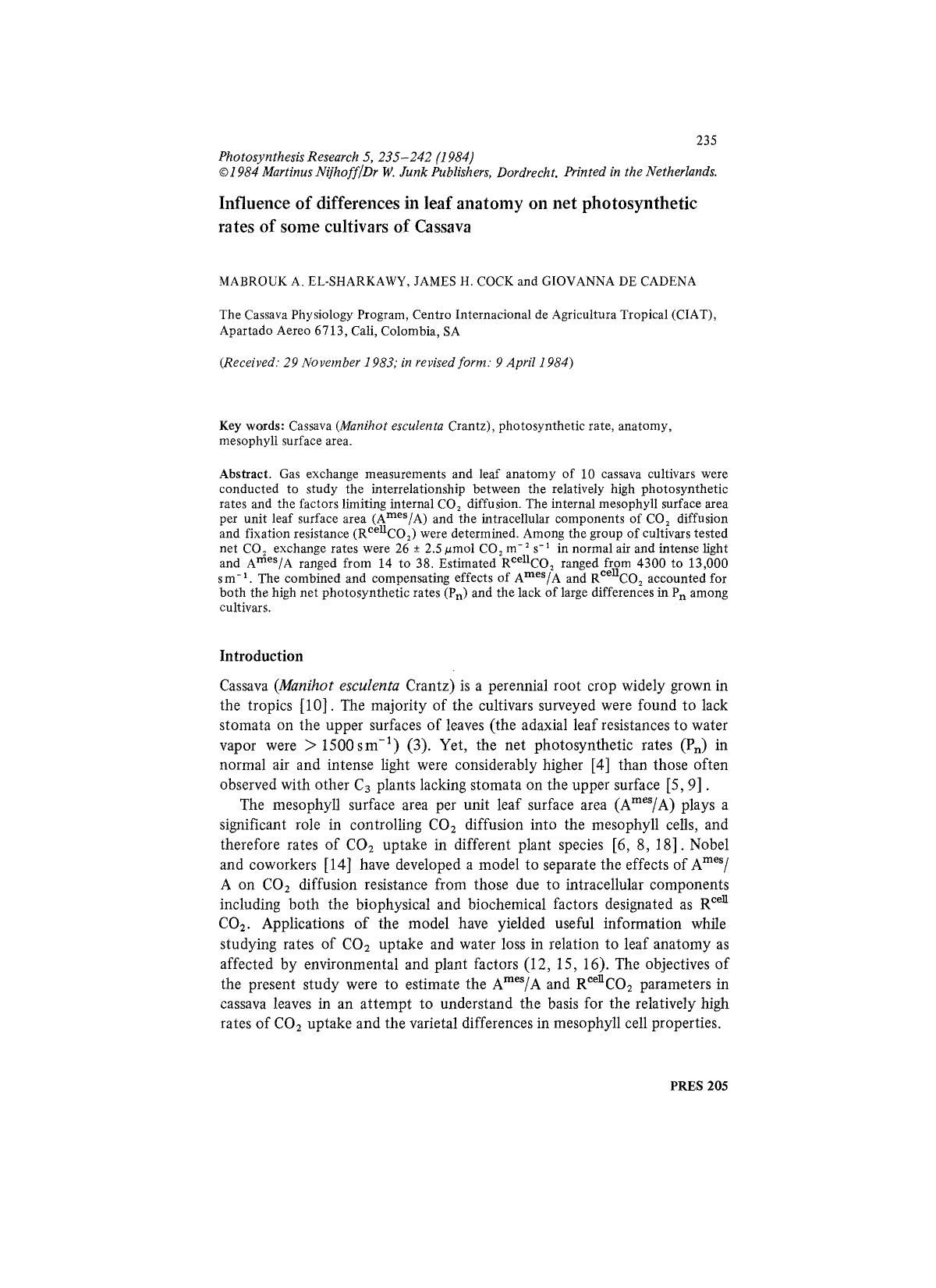 Influence of differences in leaf anatomy on net photosynthetic rates of some cultivars of Cassava by Unknown